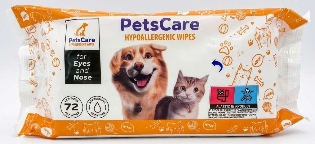 PETS CARE HYPOALLERGENIC WIPES 72 SZT FOR EYES & NOSE  MULTI - CHUSTECZKI NAWILŻANE DO PIELĘGNACJI PSÓW I KOTÓW(OCZY I USZY)