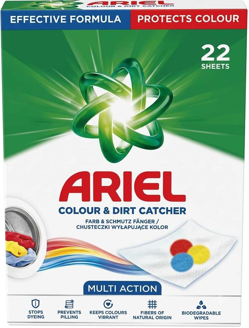 ARIEL COLOUR & DIRT CATCHER MULTI ACTION 22szt  EN/DE/PL - CHUSTECZKI WYŁAPUJĄCE 